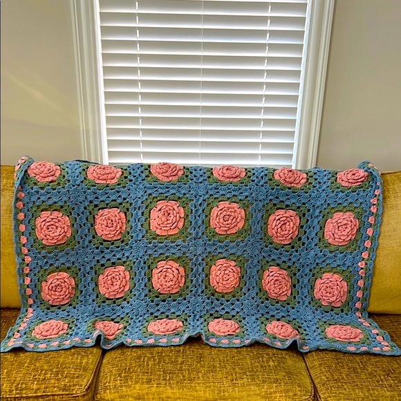 Vintage Other - Handcrafted Blue, Pink And Green Crochet Throw Blanket